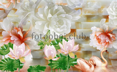 озеро, абстракция, 3д, 3d, лебеди, цветы, пионы, кувшинки