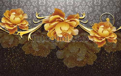 цветы, золото, пионы, узор, 3д, 3d